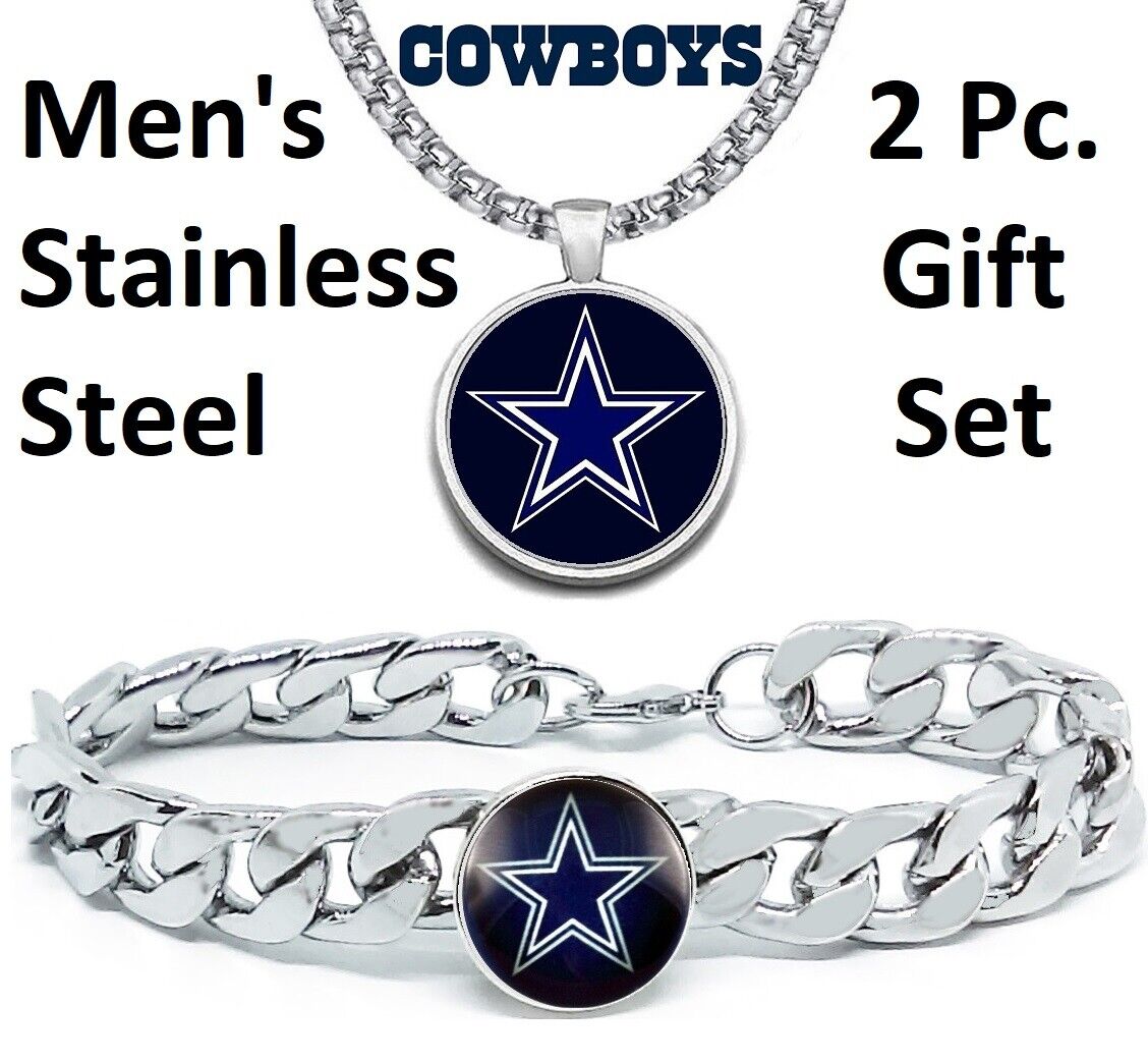 Dallas Cowboys Mens Gift Set Stainless Steel 24" Necklace And Bracelet D4D30