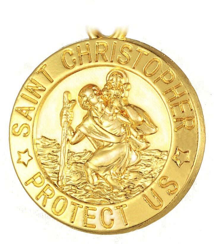 18k Gold Saint Christopher Pendant And 24" Curb Link Necklace Set +Free GiftPkg