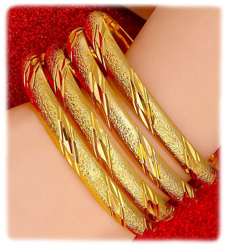 2 Pc Set 18k Yellow Gold Opening Womens Bracelet Bangle Italian Diamond Cut D223