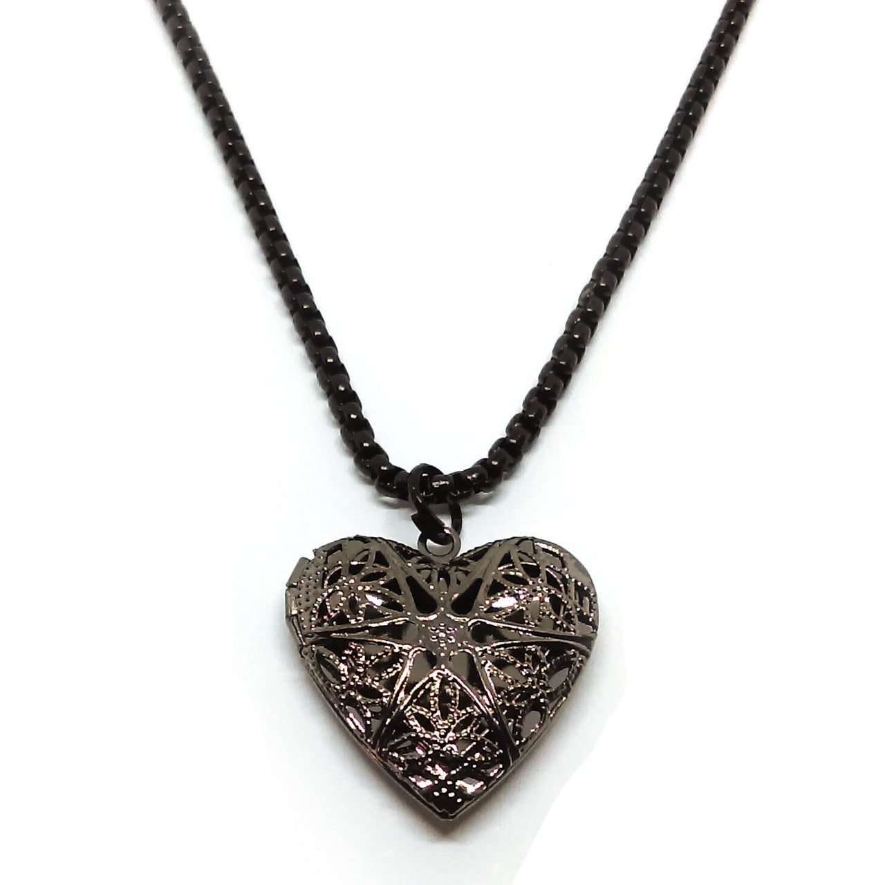 Black Silver Women's Heart Photo Locket Chain Link Snake Necklace