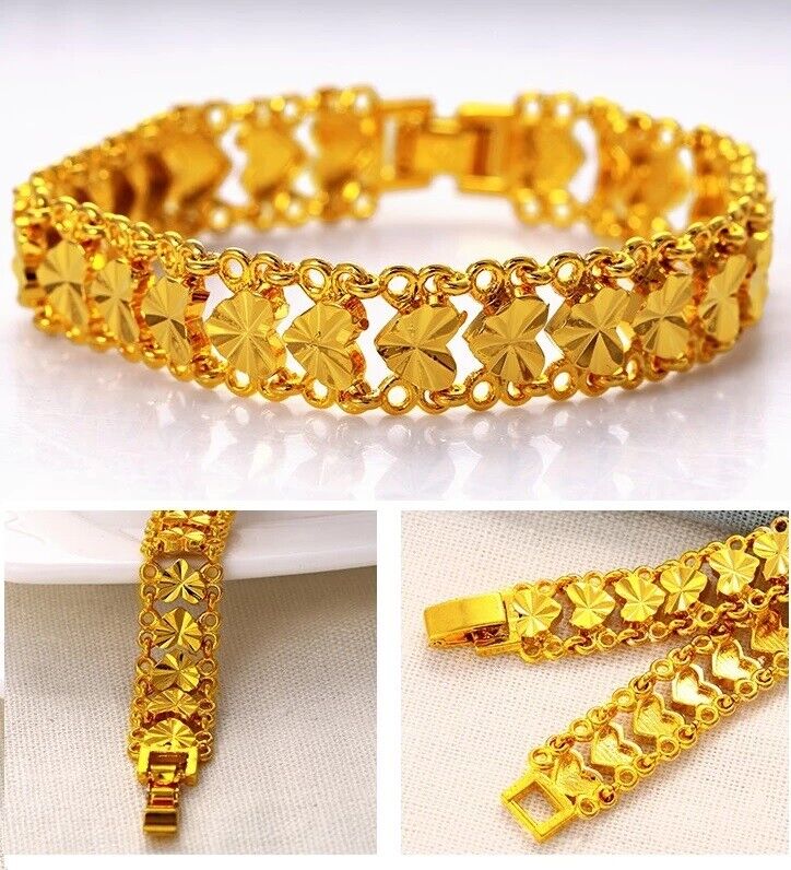 24k Yellow Gold Womens Small 7.5" Linked Hearts Chain Bracelet w Gift Pkg D741