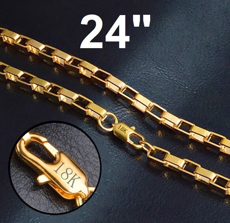 18k Yellow Gold 24" Men's Italian 6mm Box Link Chain Necklace wGiftPg D795