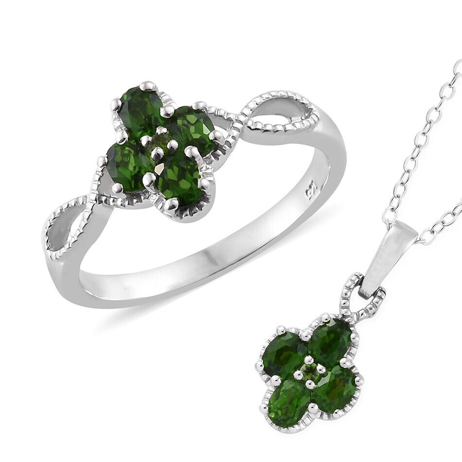 2Pc Natural Russian Diopside 925 Solid Sterling Silver Womens Necklace And Ring