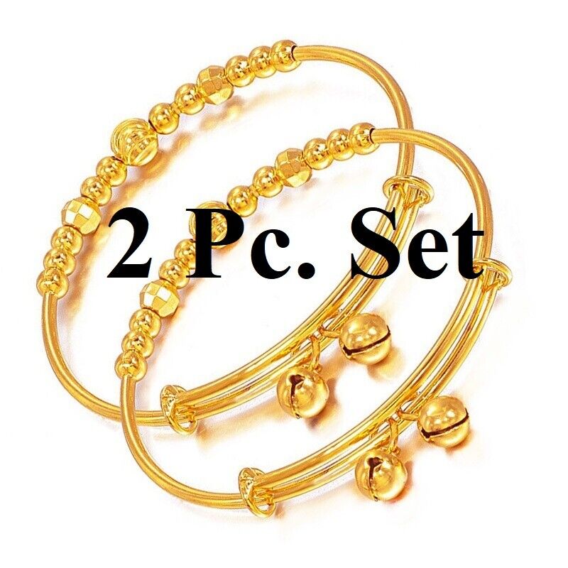 2 Pc. 18k Yellow Gold Bracelets Bangles Womens Adjustable 7-1/2" w Gift Pkg