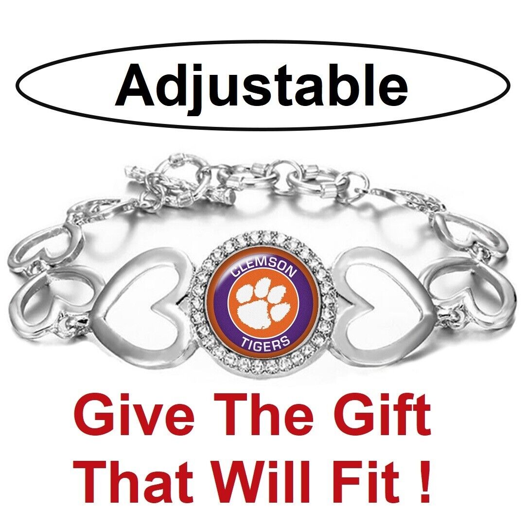 Clemson Tigers Womens Silver Heart Link Adjust. Bracelet W Gift Pkg D27