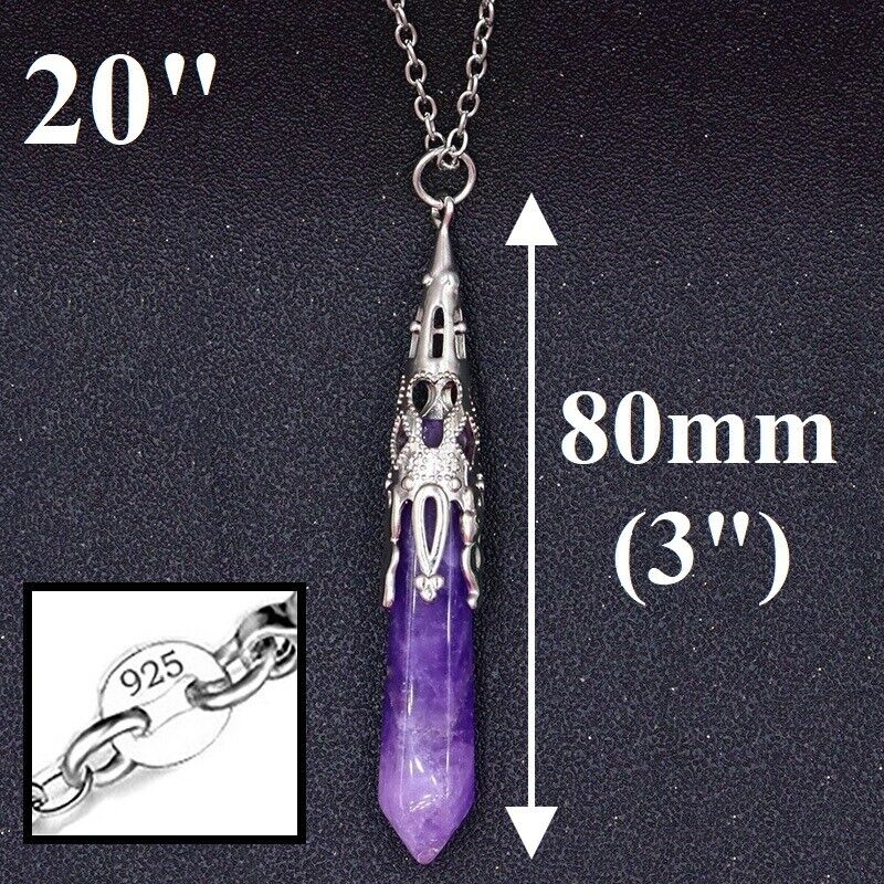 925 Sterling Silver Necklace, Natural Amethyst Gem Pendulum Chakra Pendant D840