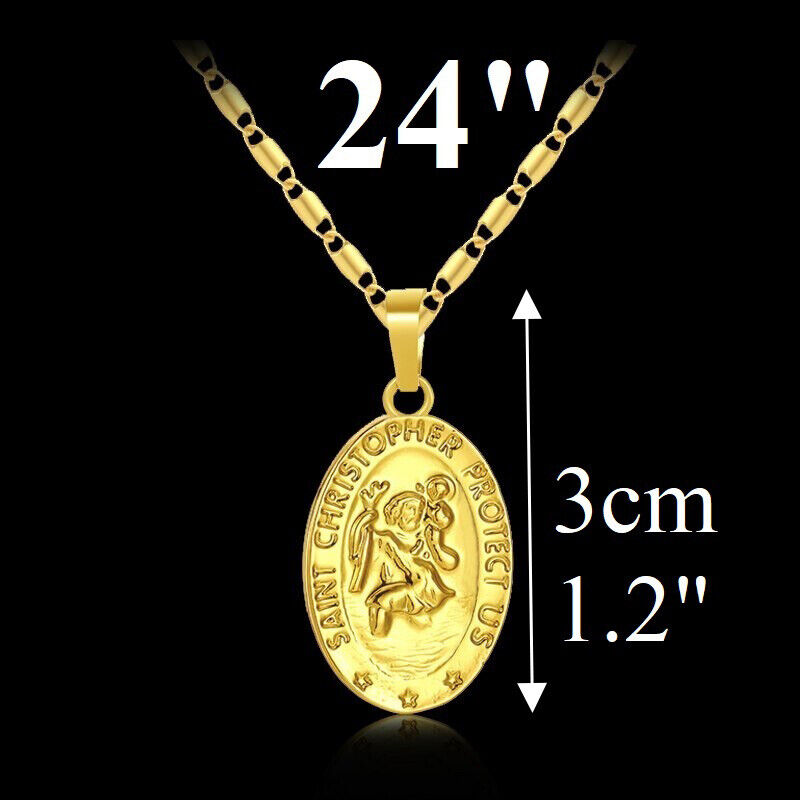 18k Yellow Gold 18" 20" 24" 30" Bar Link Chain Oval Saint Christopher Necklace