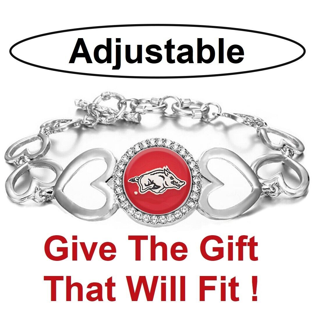 Arkansas Razorbacks Womens Silver Heart Link Bracelet W Gift Pkg D27