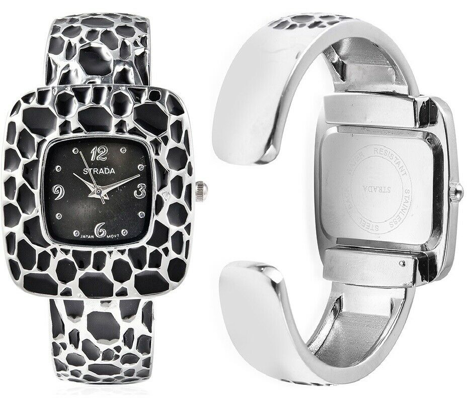 Womens STRADA Black Japanese Movement Stainless Cuff Bangle Bracelet Watch D847