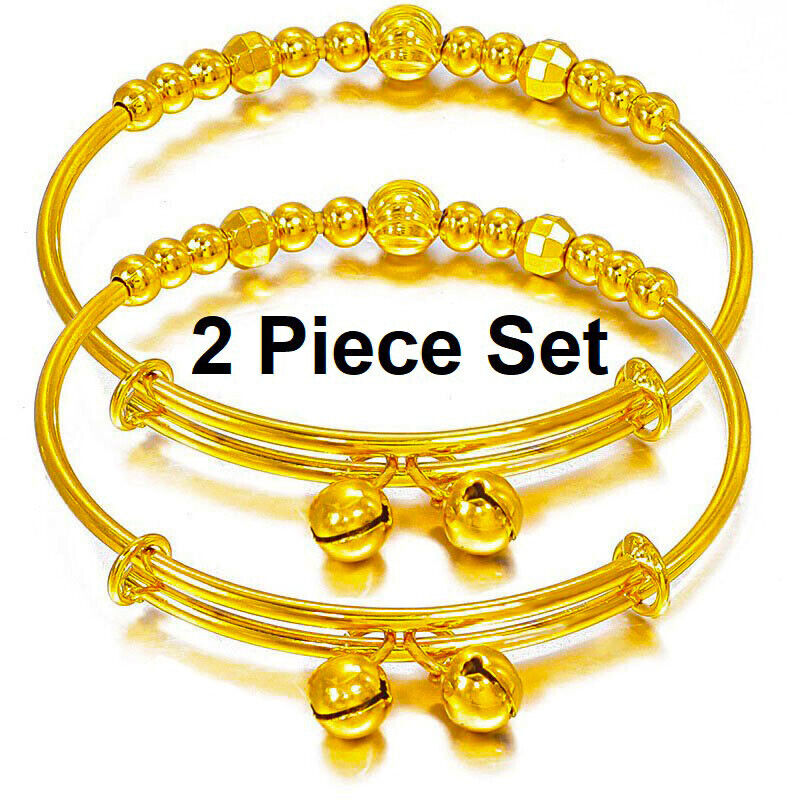 2 PcSet 18k Gold Womens Teens Small 6.25" to 7" Size Bracelets Bangles D944