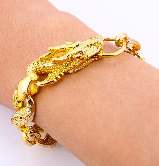 Large 10" Mens 18k Yellow Gold Dragon 10mm Width Link Chain Bracelet D215