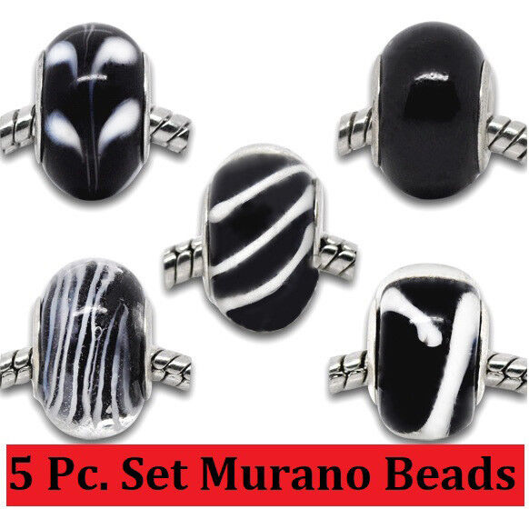 5 Pc Set Sterling Silver Authentic Black Murano Glass Lampwork Beads + GiftPkg