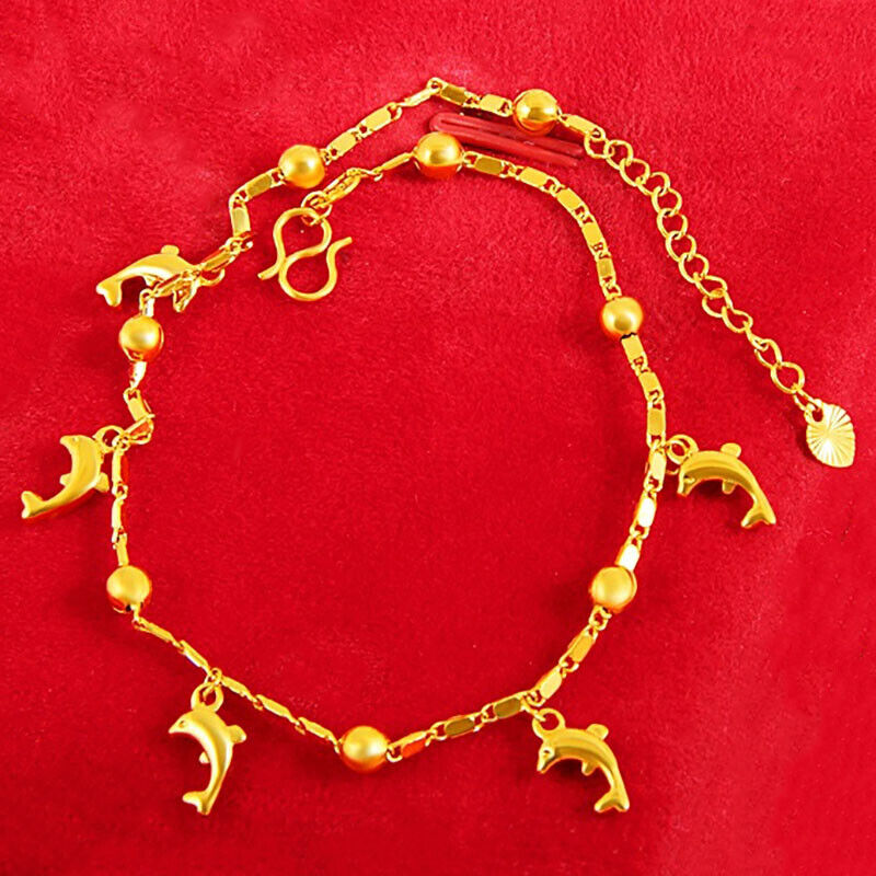 18k Yellow Gold Womens Dolphin Chain Anklet Bracelet Adjustable To 10.5" D923