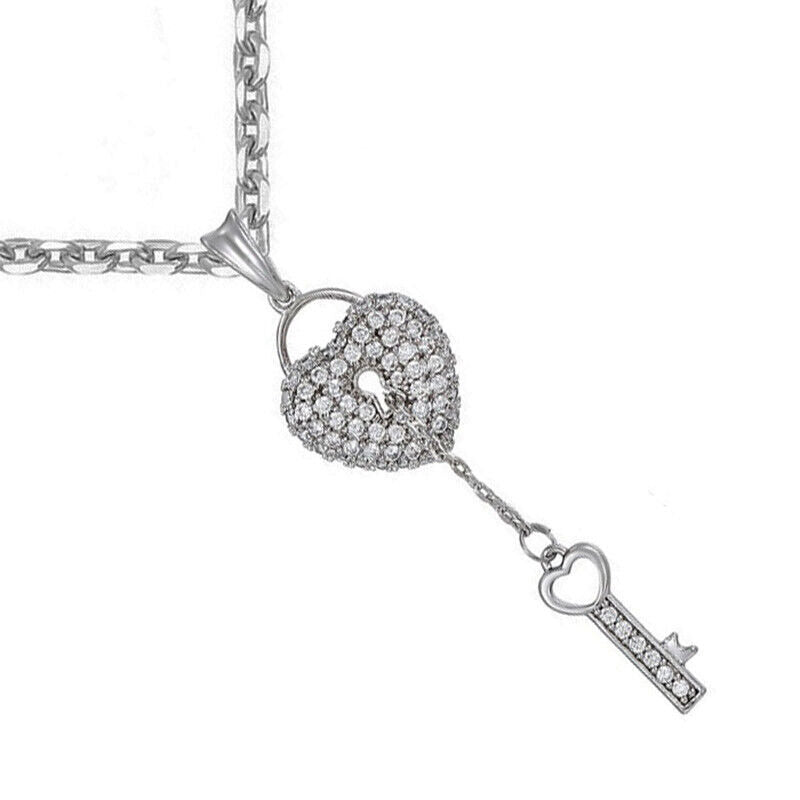 Women's 925 Sterling Silver Chain Necklace And Heart Key Pendant Gift D960