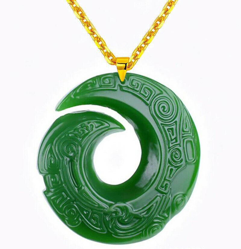 18K Gold Natural Healing Grade A Jade Circle Dragon Claw Pendant Necklace D895