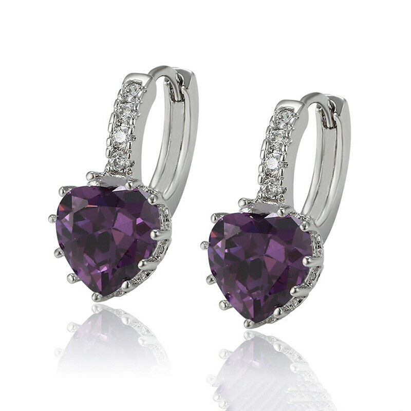 NATURAL AMETHYST HEART 2 CT 925 STERLING SILVER HUGGIE DROP LEVERBACK EARRINGS