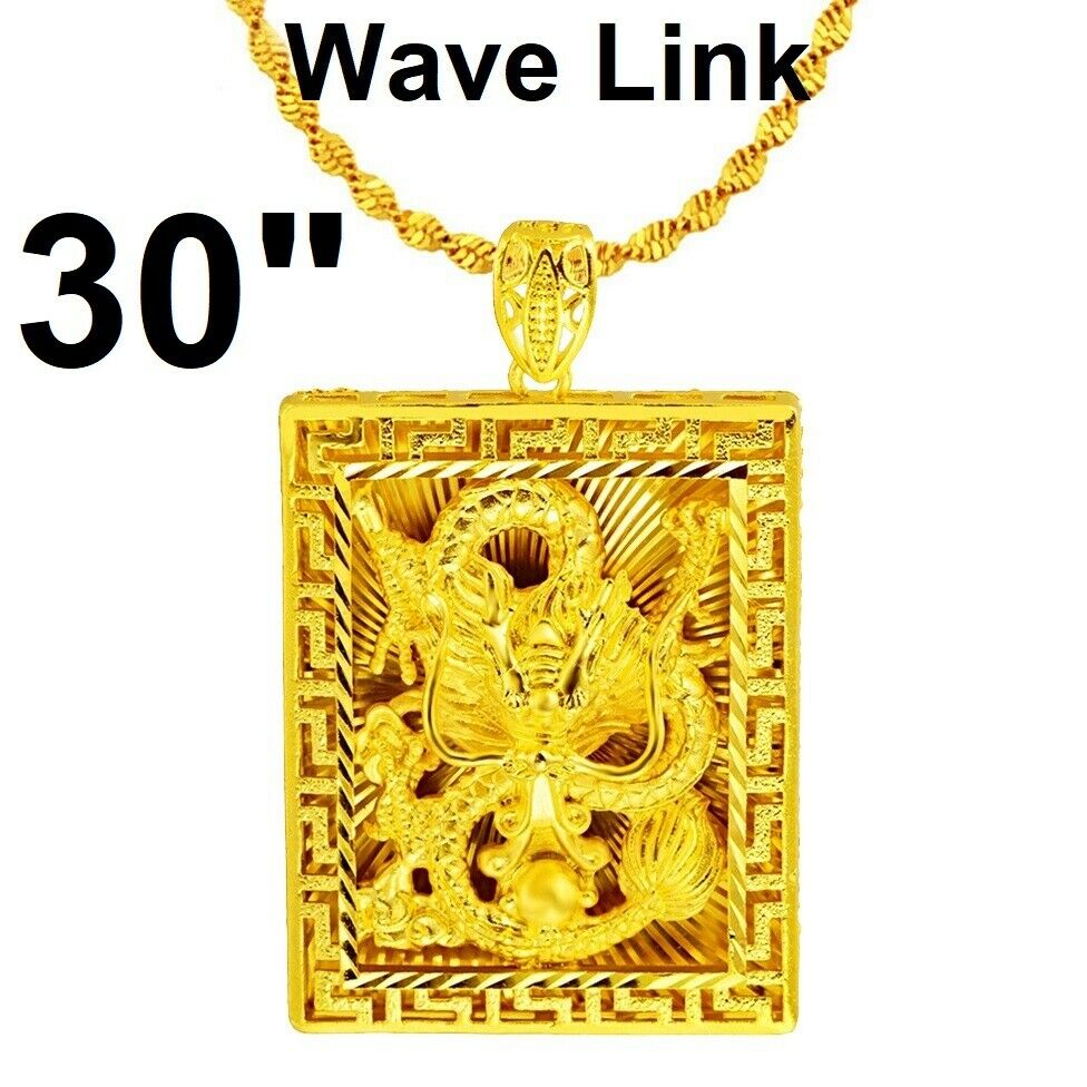 24k Yellow Gold Dragon Pendant 18" 20" 24" 30" Wave Chain Link Necklace D783W
