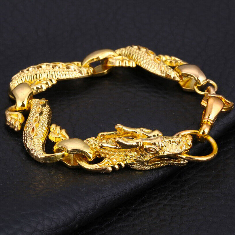 Large 10" Mens 18k Yellow Gold Dragon 10mm Width Link Chain Bracelet D215