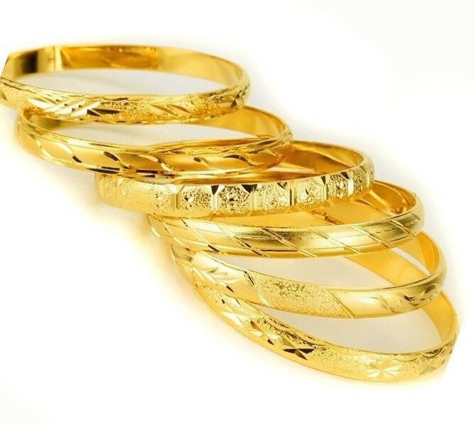 18k Gold Bracelets Bangle 6 Piece Set Womens Authentic Italian Cut Style D415