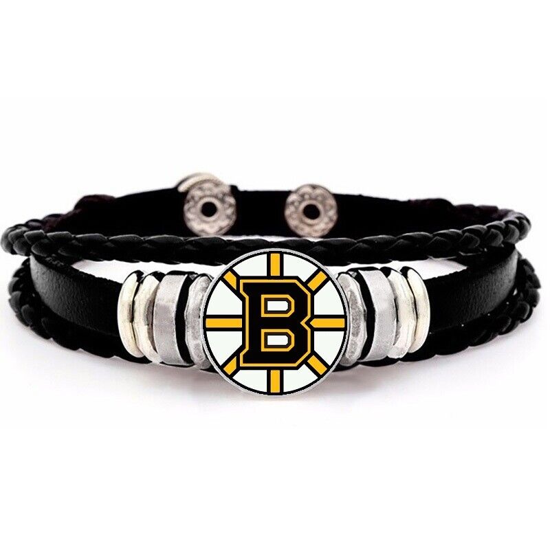 Boston Bruins Unisex Black Leather Hockey Bracelet Gift D14