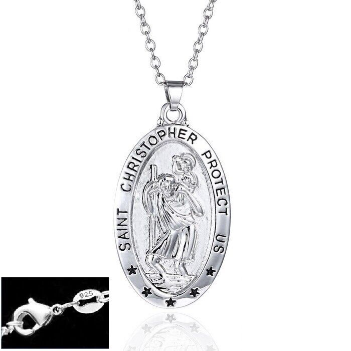 Sterling Silver Womens 24" Link Chain Necklace With Oval Saint Christopher