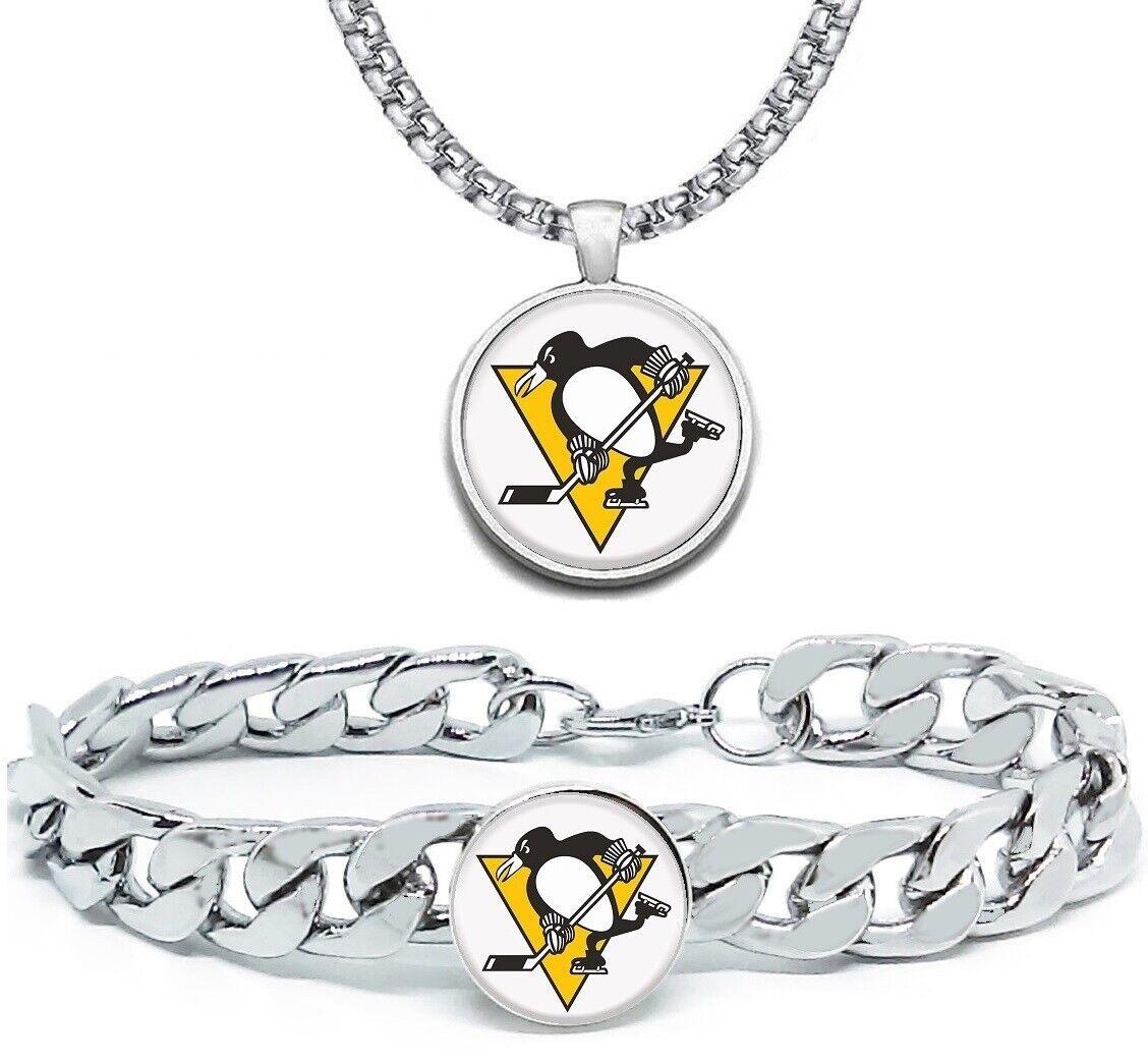 Large Pittsburgh Penguins Mens 2 Pc Gift Set Hockey 24" Necklace With Bracelet