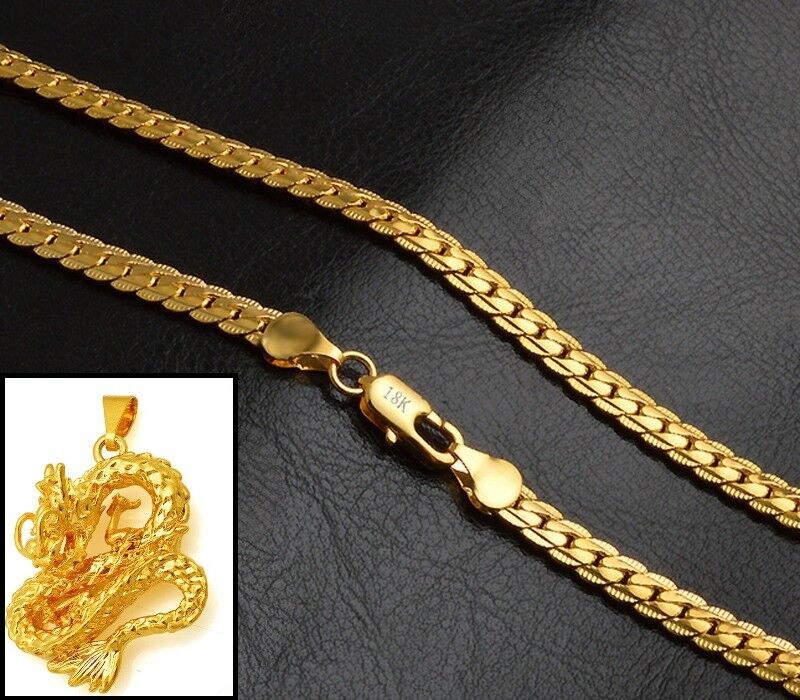 2 Piece Set 18k Yellow Gold Curb Link Chain Necklace With Dragon Pendant