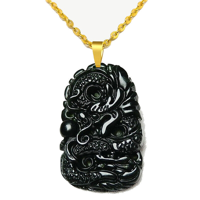 18K Gold 24" Necklace And Burmese Black/Green A Jadeite Jade Dragon Pendant D938