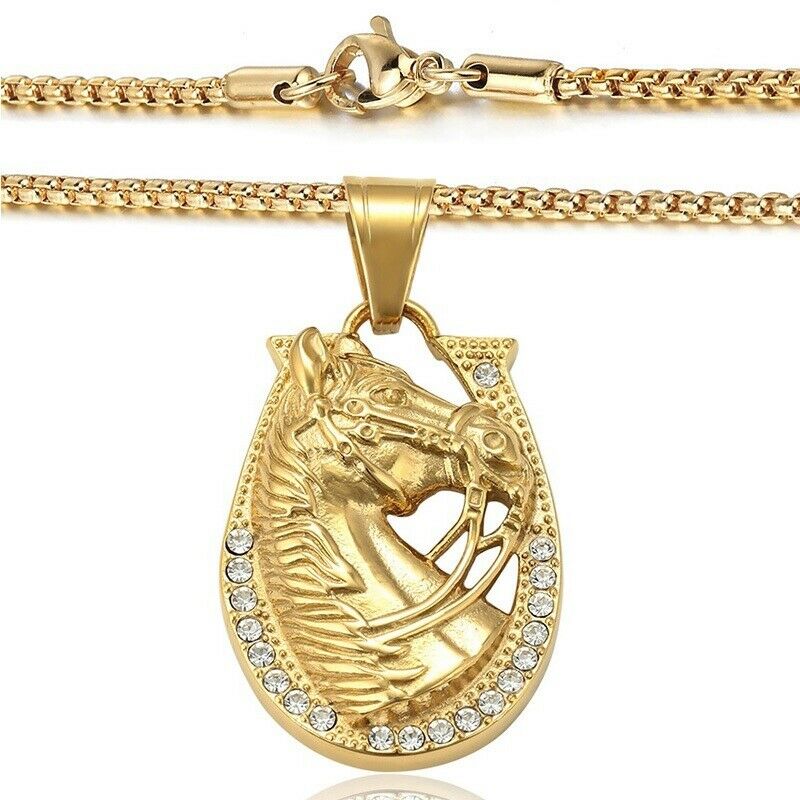 18k Yellow Gold Men's Mustang Horse Equestrian Pendant 24" Long Necklace D954-24