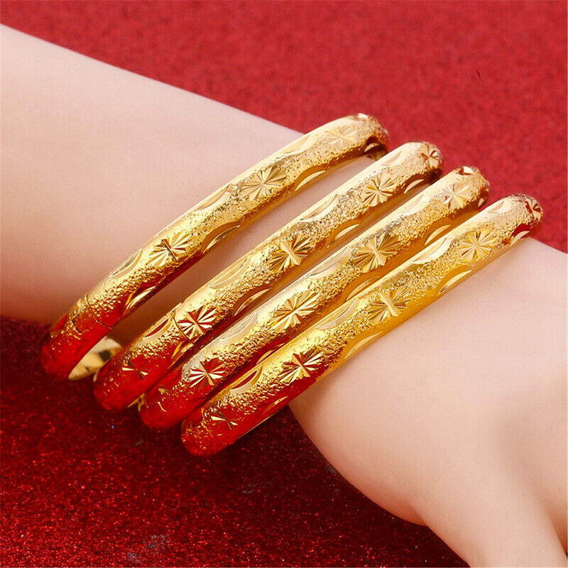 2 PcSet 18k Yellow Gold Wide Italian Cut Womens Bracelets Bangle D226