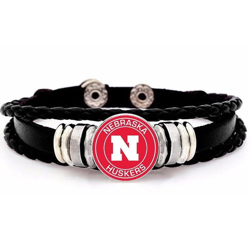 University Nebraska Cornhuskers Mens Womens Black Leather Bracelet W Giftpkg D14