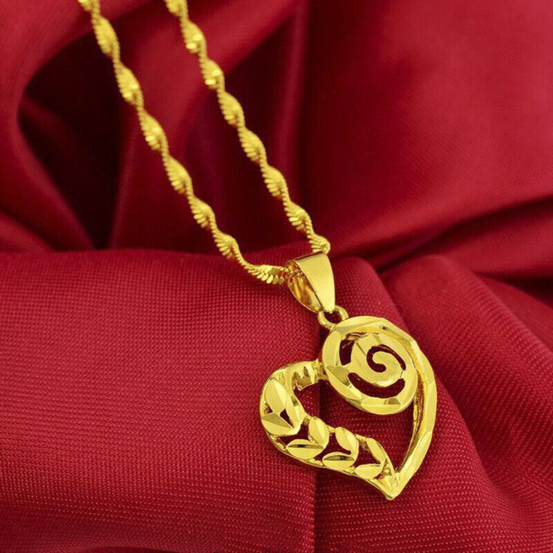 Womens Elegant 18K Yellow Gold Snake Link Infinity Heart Pendant Necklace D927