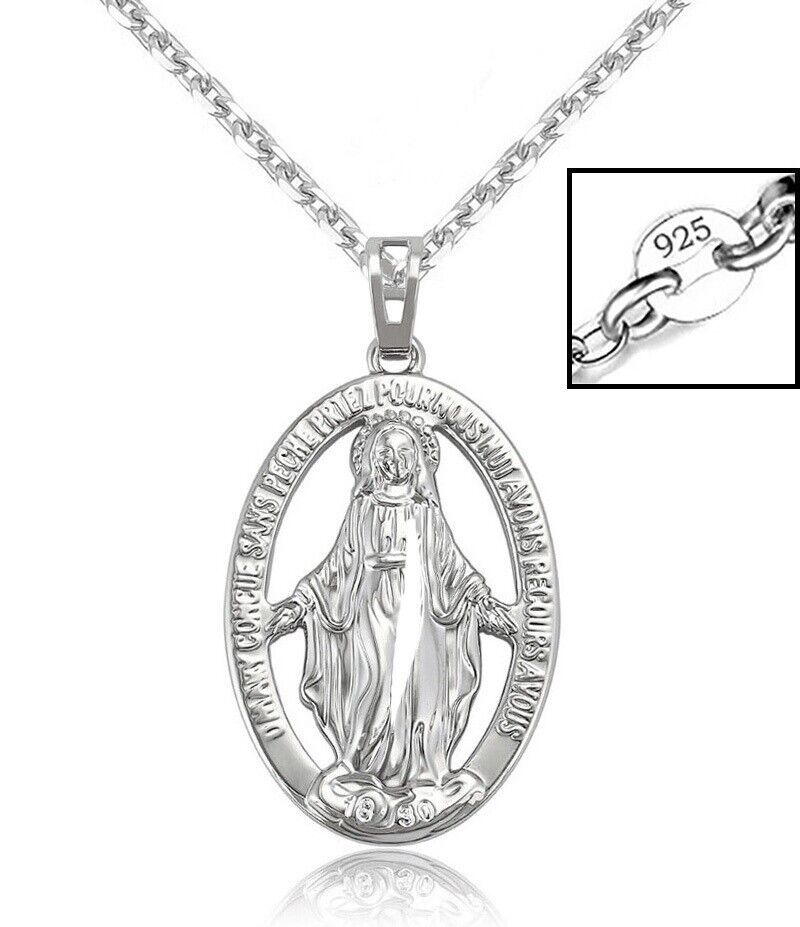 Mens Womens 925 Sterling Silver Virgin Mary Chain Link 24" Pendant Necklace D957