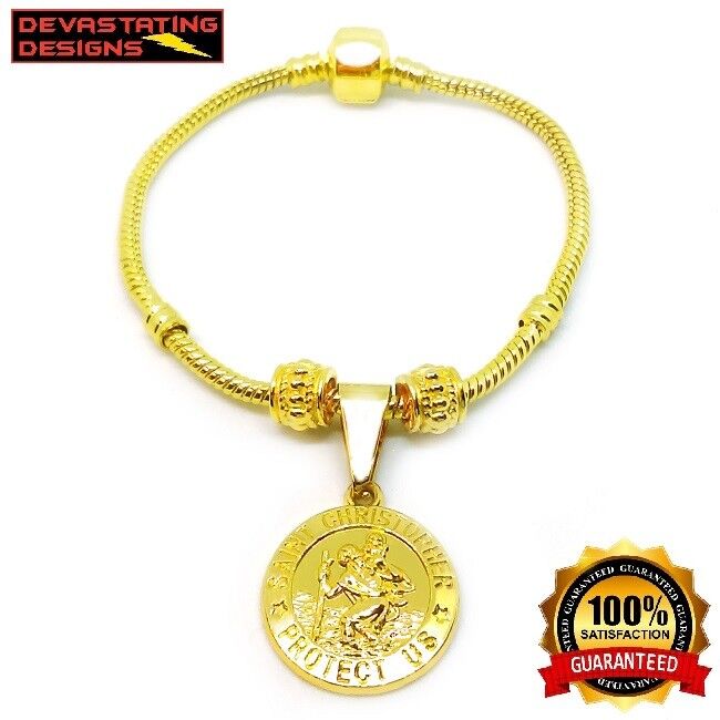 24k Yellow Gold Womens Snake Bracelet And Saint Christopher Charm +FreeGiftPkg
