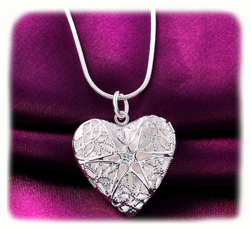 925 Sterling Silver Heart Photo Locket Pendant Necklace 18" D196 w Free Gift Pkg