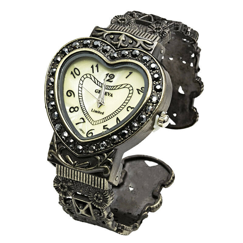 Womens STRADA Heart Japanese Movement Stainless Cuff Bracelet Watch D849