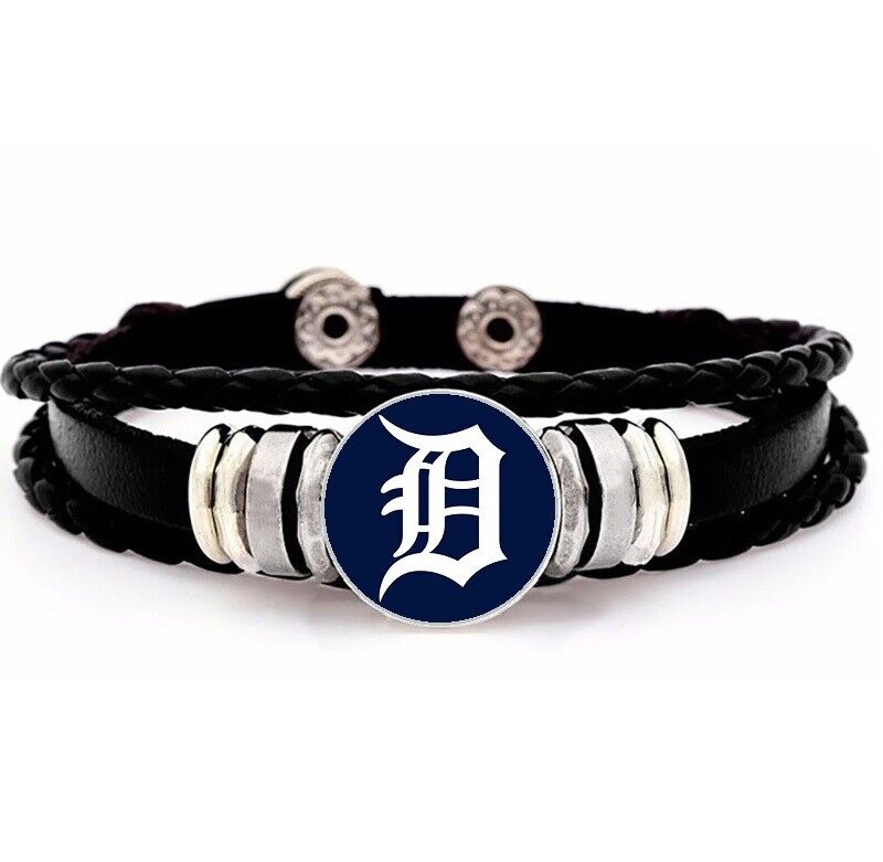 Detroit Tigers Mens Womens Black Leather Bracelet W Gift Pkg D14