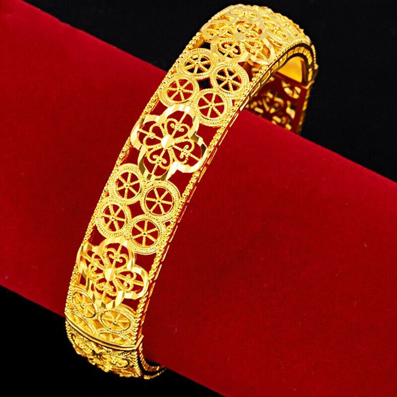 24k Yellow Gold Women's Geo Flower 7-1/2" Opening Bracelet w Gift Pkg D814