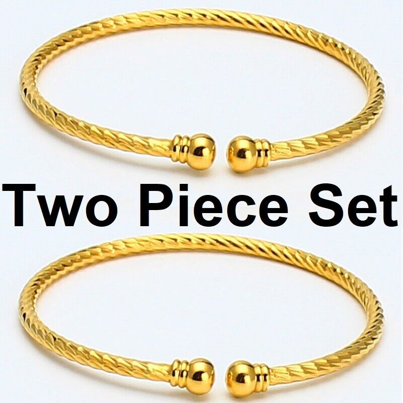2 PcSet Womens 18k Gold Elegant Diamond Cut Cuff Bracelet Bangle w GiftPkg