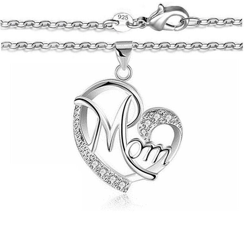 925 Sterling Silver Women's Link Chain Necklace With Mom Pendant Gift Pkg D867