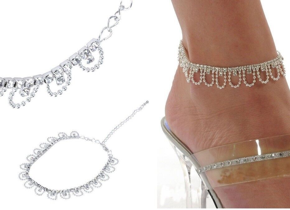 Women's Crystal Dangle Chain Link Anklet Bracelet Adjusts 8" To 10-1/2" D595