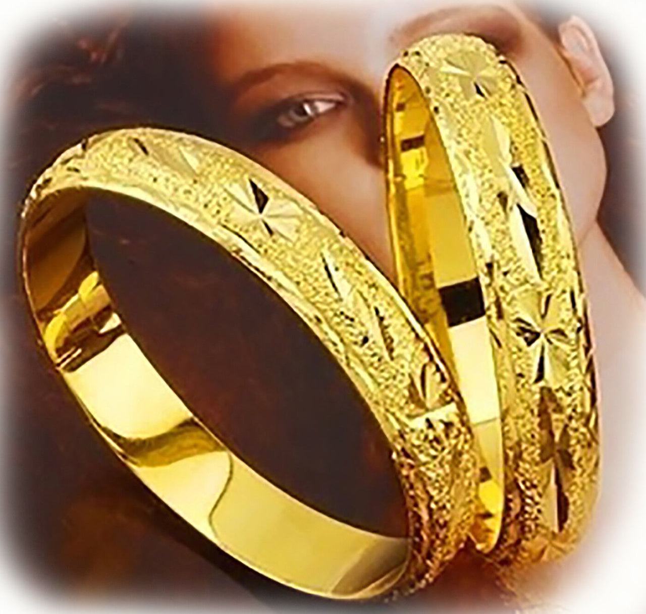 2 PcSet 24k Yellow Gold Women's Bracelets Bangles Small 7" Italian Style D604