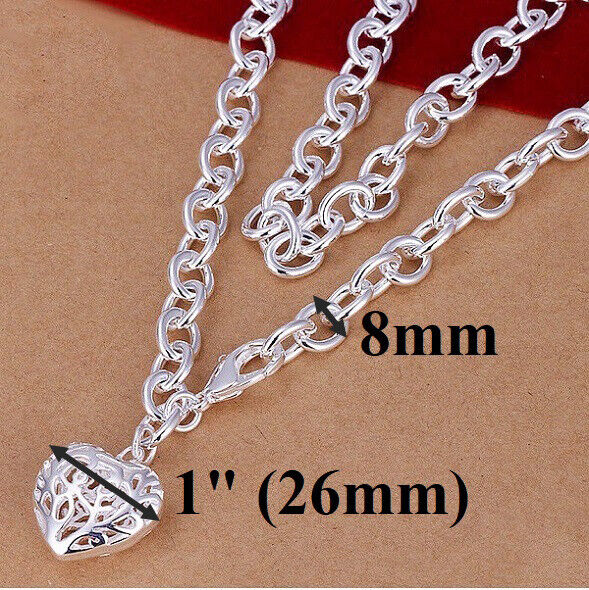 925 Sterling Silver Women's Link Chain Necklace And Heart Pendnat w GiftPk D739B