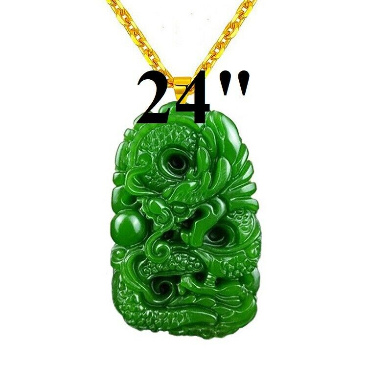 24" 18K Gold Natural Burmese Grade A Jadeite Jade Dragon Pendant Necklace D871J