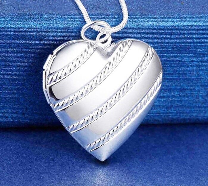 925 Sterling Silver Women's Heart Photo Locket And 18" Link Chain Necklace D647A