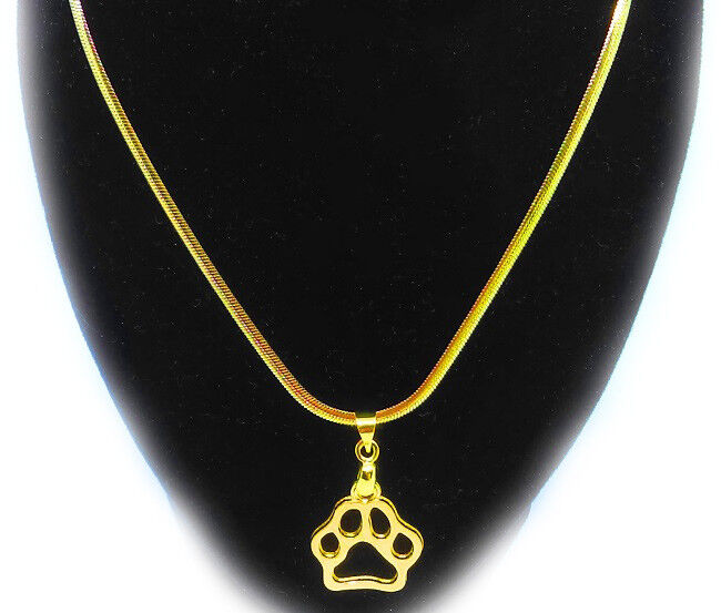 18k Yellow Gold Dog Paw Pet Lover's Pendant With Snake Chain Necklace Set