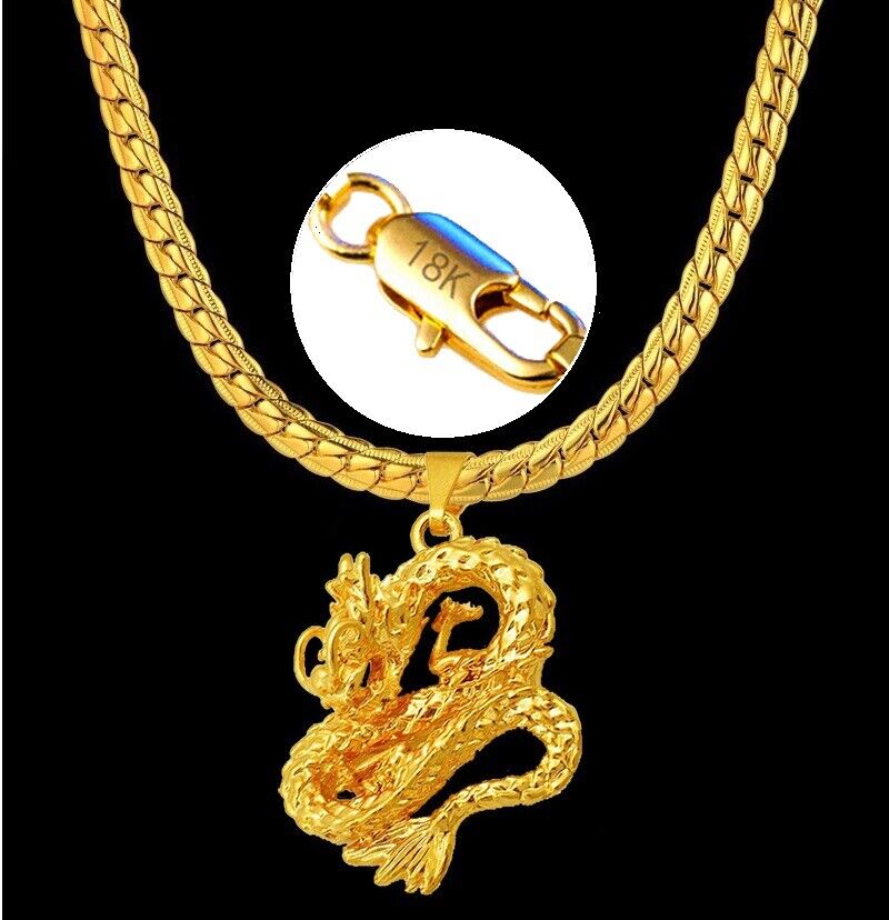 18k Yellow Gold 24" Mens Dragon With 5mm Cuban Curb Link Snake Chain Necklace
