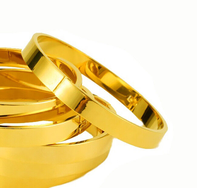 24k Gold Bracelets Bangle Womens Mens Smooth Polish Hinged Opening GiftPkg D496G