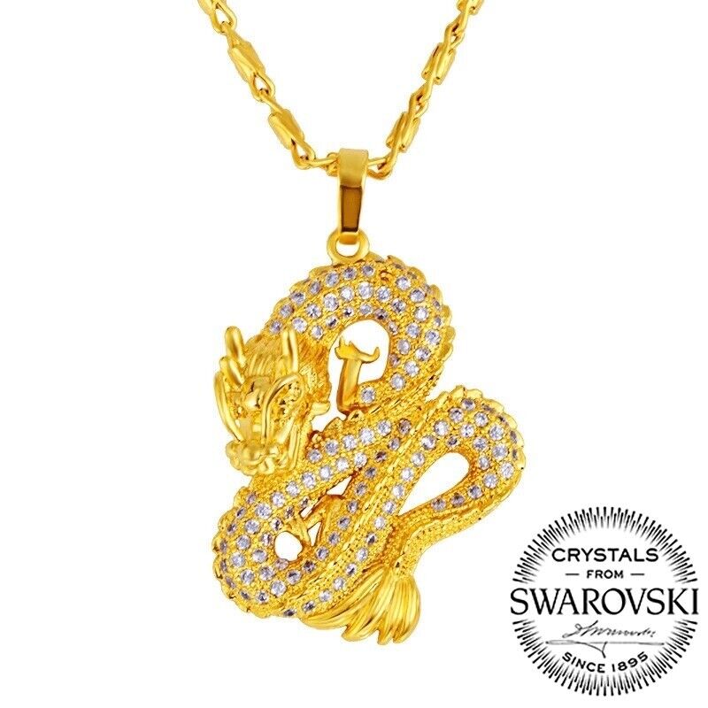 24k Gold Womens Mens Crystal Dragon Figaro Bar Link Chain Pendant Necklace D921