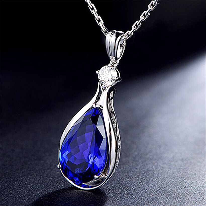 925 Sterling Silver Womens 20" Elegant Blue Sapphire CZ Pendant Necklace D306